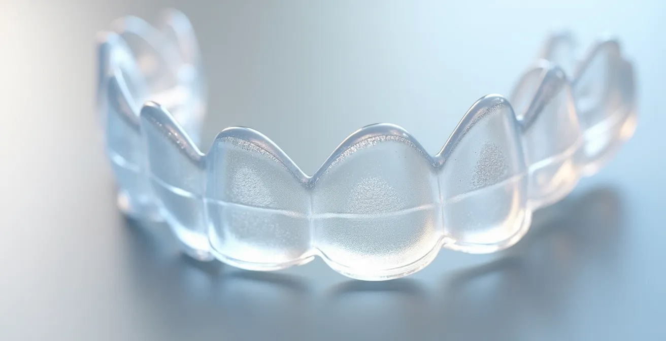 Macro-photographie détaillée montrant la texture lisse et transparence d'une gouttière aligneur avec surface cristalline et reflets lumineux