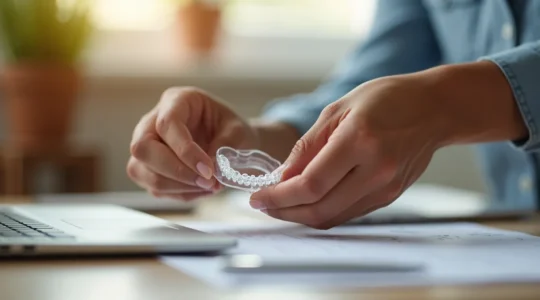 Portrait émotionnel d'une personne gérant son traitement Invisalign, mains expressives manipulant une gouttière transparente en situation de travail quotidien