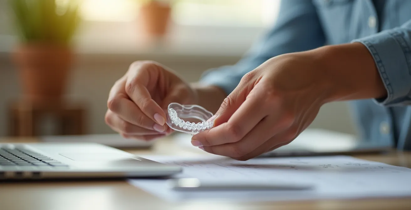 Portrait émotionnel d'une personne gérant son traitement Invisalign, mains expressives manipulant une gouttière transparente en situation de travail quotidien