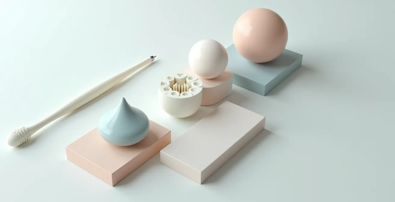 Vue aérienne minimaliste montrant la complexité d'une journée de travail avec Invisalign : symboles visuels abstraits représentant réunions, repas et hygiène dentaire en équilibre spatial