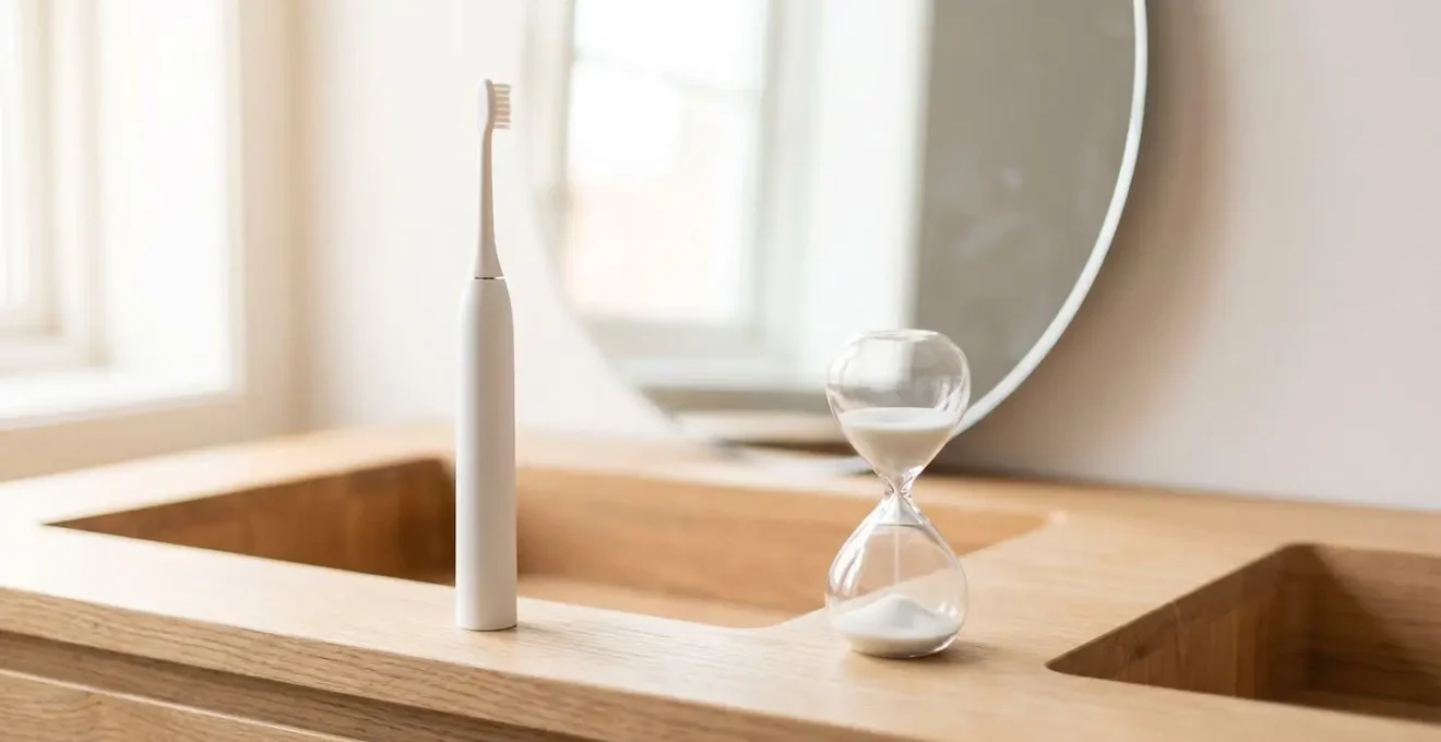 Brosse à dents électrique et sablier posés sur un lavabo en bois clair, symbolisant une routine d'hygiène dentaire durable dans le temps.