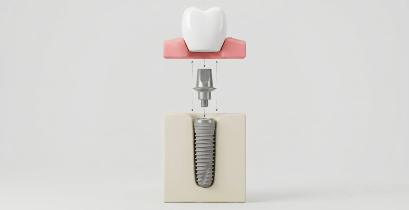 Coupe verticale d'un implant dentaire montrant ses trois composants : vis en titane dans l'os, pilier intermédiaire et couronne blanche visible.